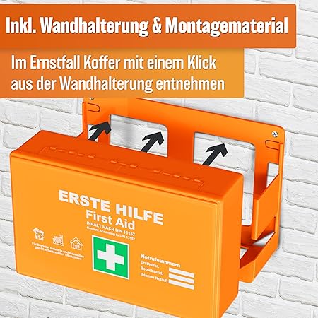 HELDENWERK Boîte de premiers secours version 2026 [DIN 13157:2021] avec support mural & 5 x autocollants | trousse de premiers secours pour le bureau, le ménage et la restauration - boîte de premiers secours d'entreprise remplie, armoire sanitaire