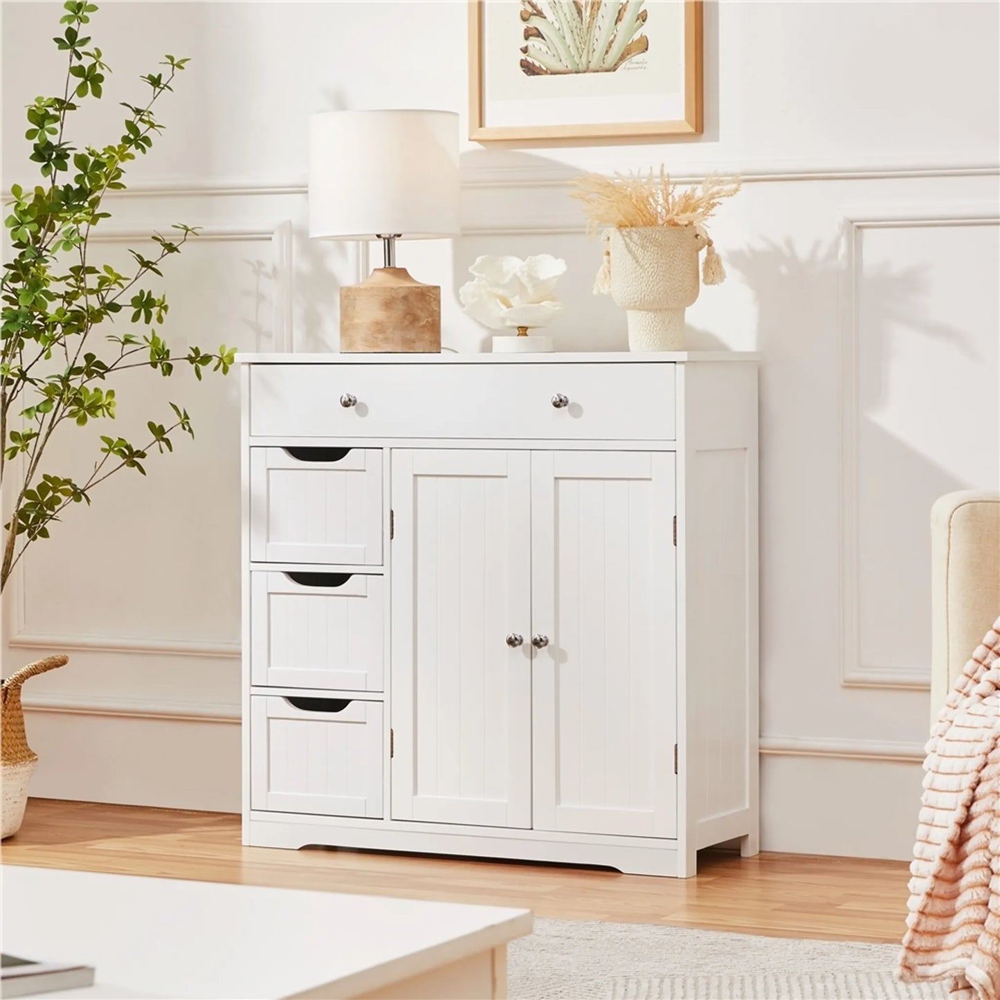 Yaheetech Meuble de salle de bain avec 4 tiroirs et 1 porte - équipé d'une étagère réglable, d'un système anti-basculement et d'un revêtement hydrofuge - pour la salle de bain et le salon - Mdf blanc - 81 x 30 x 81,5 cm