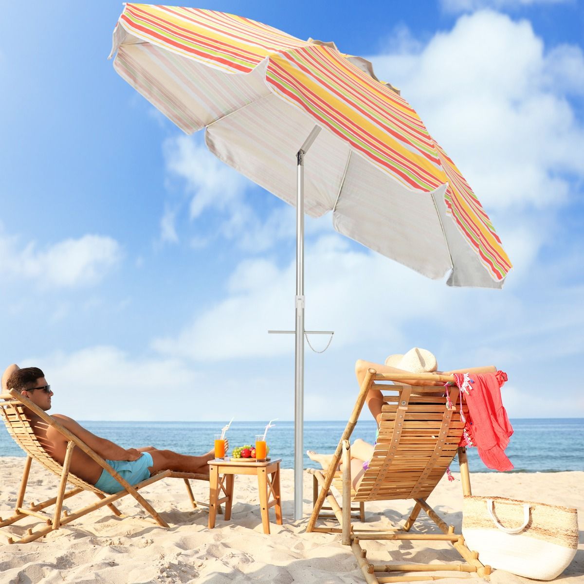 Parasol de plage Coast Ø198 x 206 cm - Rouge/Jaune - Parasol portable avec ancre de sable et sac de transport