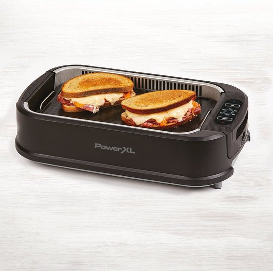 PowerXL Smokeless Grill - Barbecue électrique - Pour griller sans fumée ni odeur - Avec plaque de cuisson et fonction « arôme » - Revêtement antiadhésif - Avec couvercle en verre thermo-résistant - Barbecue d'intérieur - 1 500 watts - Édition vente par co