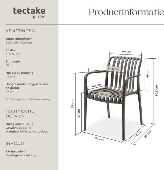 tectake® Lot de 2 chaises de jardin Alcudia - Anthracite - Chaises en plastique avec accoudoir - Set de jardin pour la table de jardin ou le camping empilable - Chaises pour le jardin, la terrasse ou le balcon - Résistantes aux intempéries et aux UV - Cap