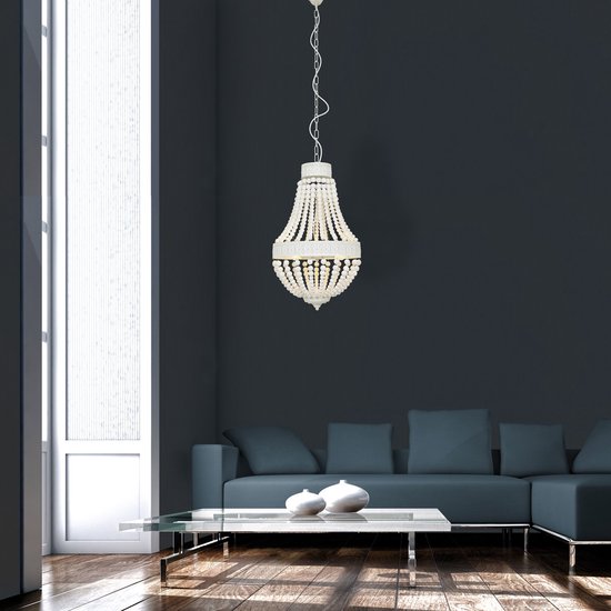 Suspension Ella 10191W - Lampe tendance à perles blanches en bois et métal, hauteur réglable de 70 à 155 cm - Marque : Mexlite
