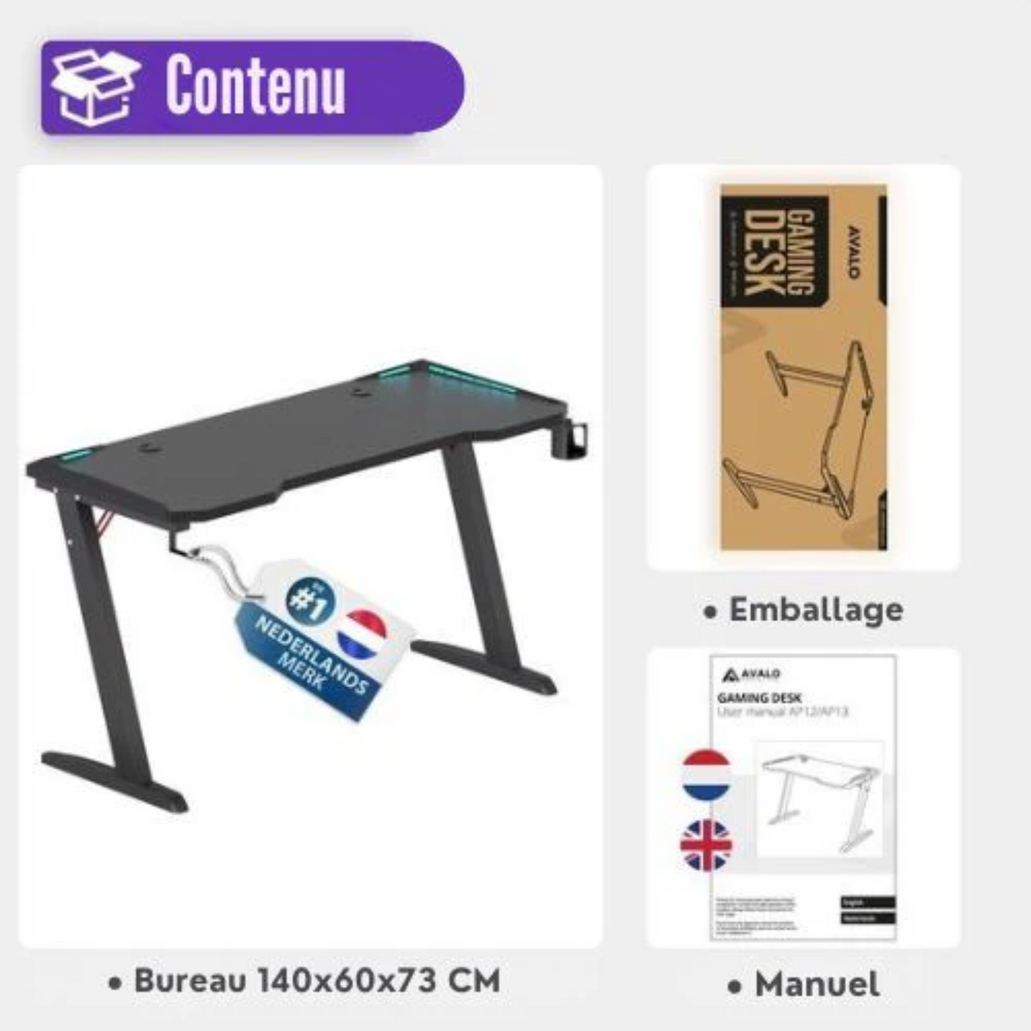 Bureau de gaming - Avalo - 140x60x73 CM - Éclairage LED Intégré - Noir