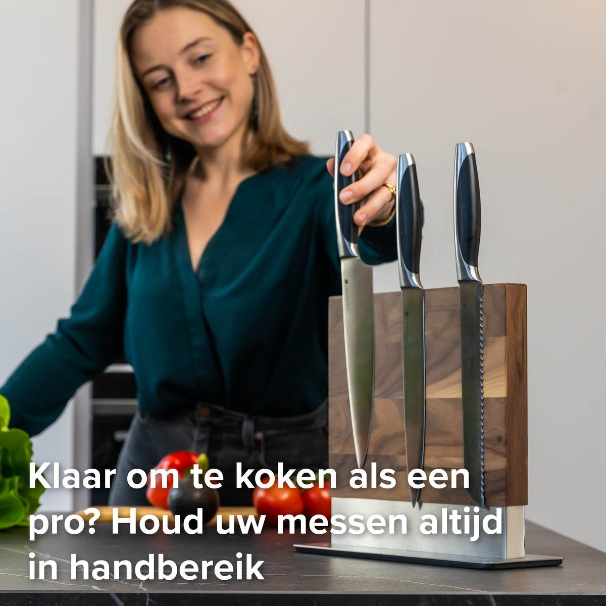 Coninx Vertico Messenblok Magnetisch - Messenmagneet - RVS Voet - Magneet Tweezijdig - Messenblok zonder messen - RVS / Walnoot