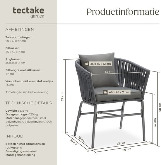 tectake® Chaise de jardin, lot de 2, chaise d'extérieur en métal, chaise de patio avec accoudoirs, chaise longue, fauteuil de jardin, mobilier de jardin, mobilier de balcon, set de jardin lounge, coussins déperlants, pieds réglables