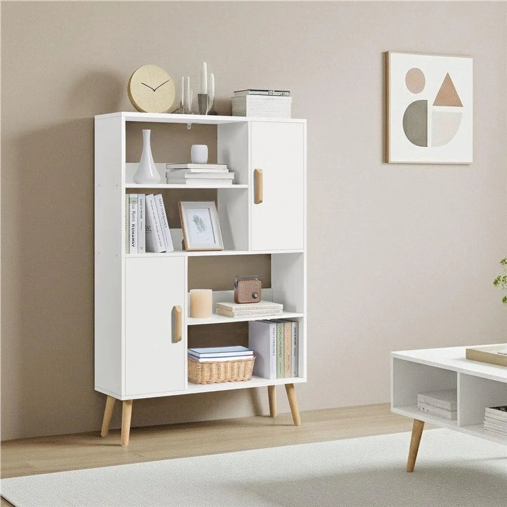 Bibliothèque Yaheetech 80 x 23,5 x 120,5 cm - Blanche - Meuble de rangement avec 2 portes et 4 compartiments ouverts