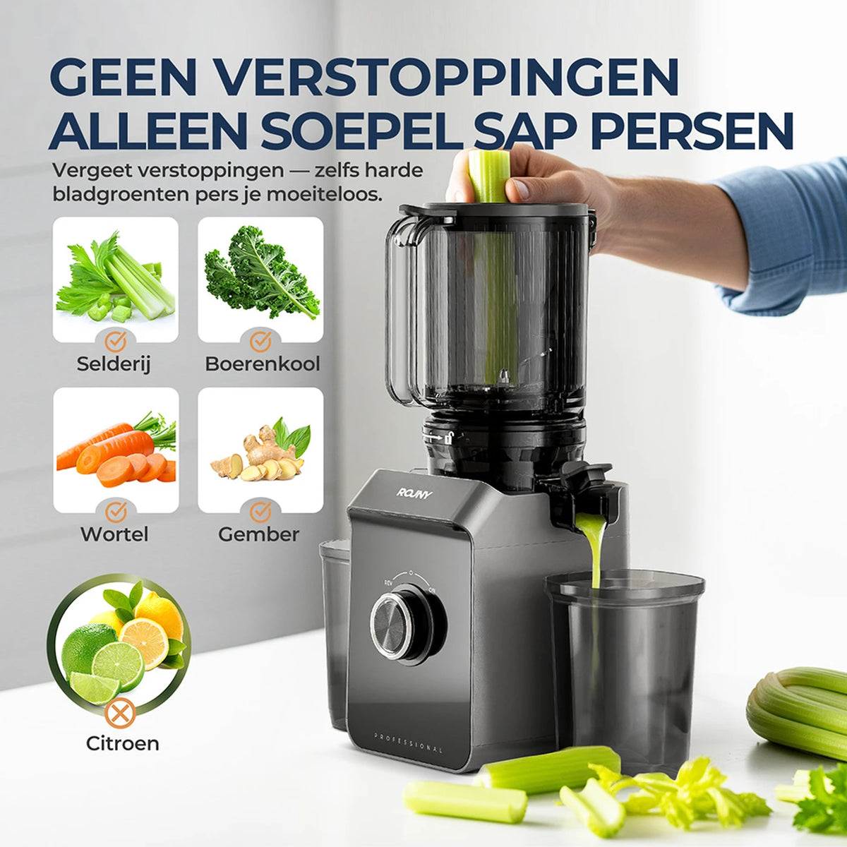 Rouny Slow Juicer FF Pro Max - Centrifugeuse à pression à froid de 150 W - Orifice de remplissage de 130 mm - Sans filtre - Fonction « Fruitijs » - 1,8 L - Noir