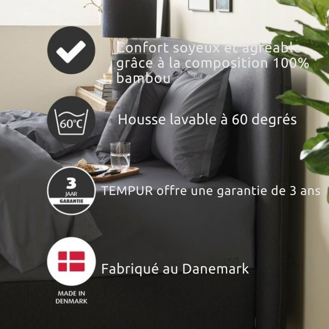 Housse de couette TEMPUR - 200 x 200 cm - Fibres de bambou - Résistante au repassage et au séchage - Confort soyeux et régulation naturelle de la température - Gris Anthracite
