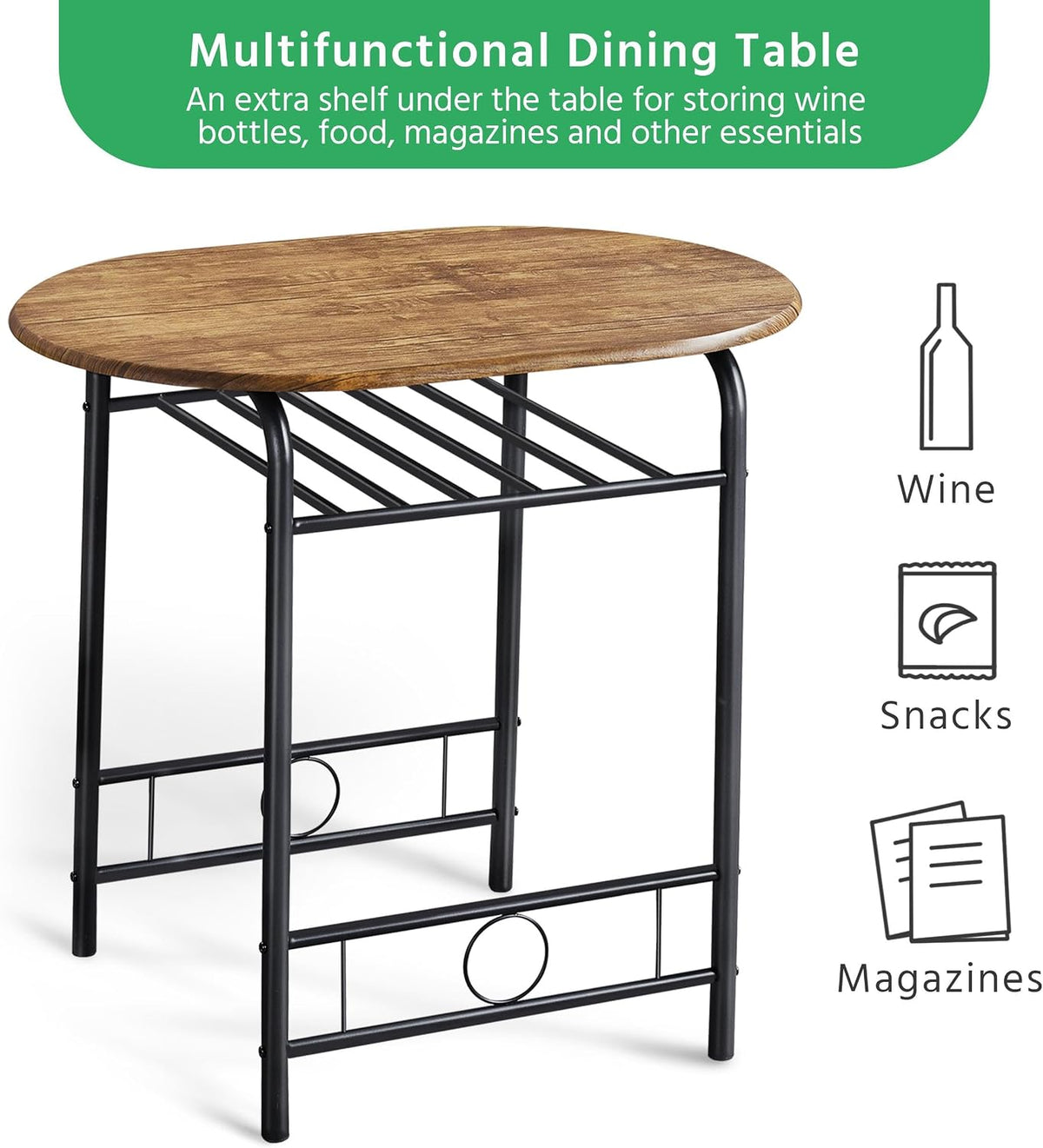 Ensemble de table à manger Yaheetech pour 2 personnes - Table 80 x 53 x 75,5 cm avec 2 chaises - Avec étagère de rangement - Marron