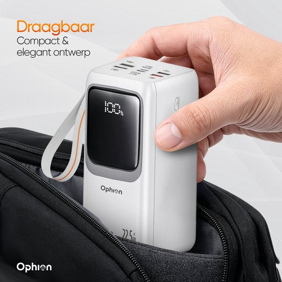 Ophion® Powerbank PRO 50 000 mAh – 7 ports de recharge – Recharge rapide – Chargeur rapide 22,5 W pour USB-C, USB-A, Micro-USB – Câble inclus – Kit d'urgence – Blanc