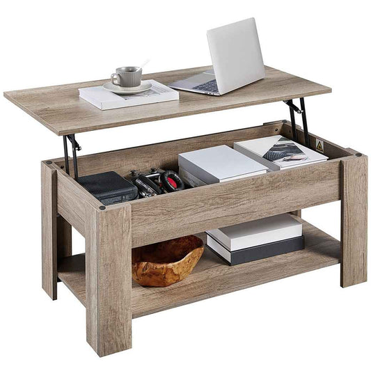 Table basse Yaheetech avec plateau relevable – Gris – 98 x 50 x 41,8/56 cm – Réglable en hauteur avec espace de rangement