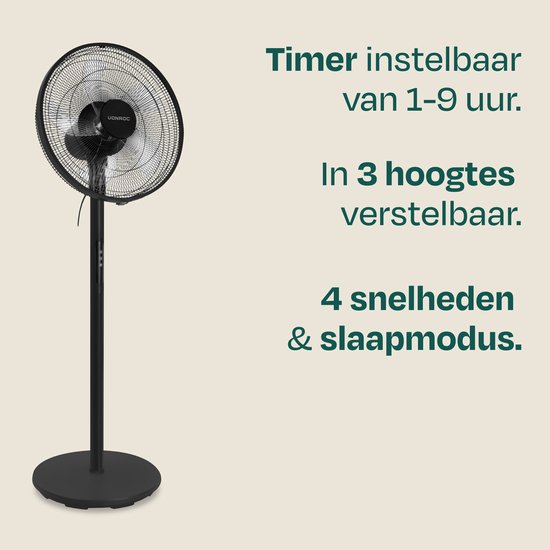 Ventilateur de sol VONROC - Ø 45,5 cm - 3 vitesses – minuterie - réglable sur 3 hauteurs - télécommande incluse - noir