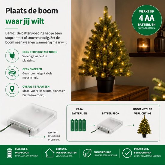 Black Box Trees Nagoya : sapin de Noël artificiel avec éclairage - Sapin artificiel H 90 x P 42 cm - Sapin de Noël artificiel dans un pot en plastique - Décoration de Noël d'intérieur - Avec pile et minuterie - 175 branches - Vert