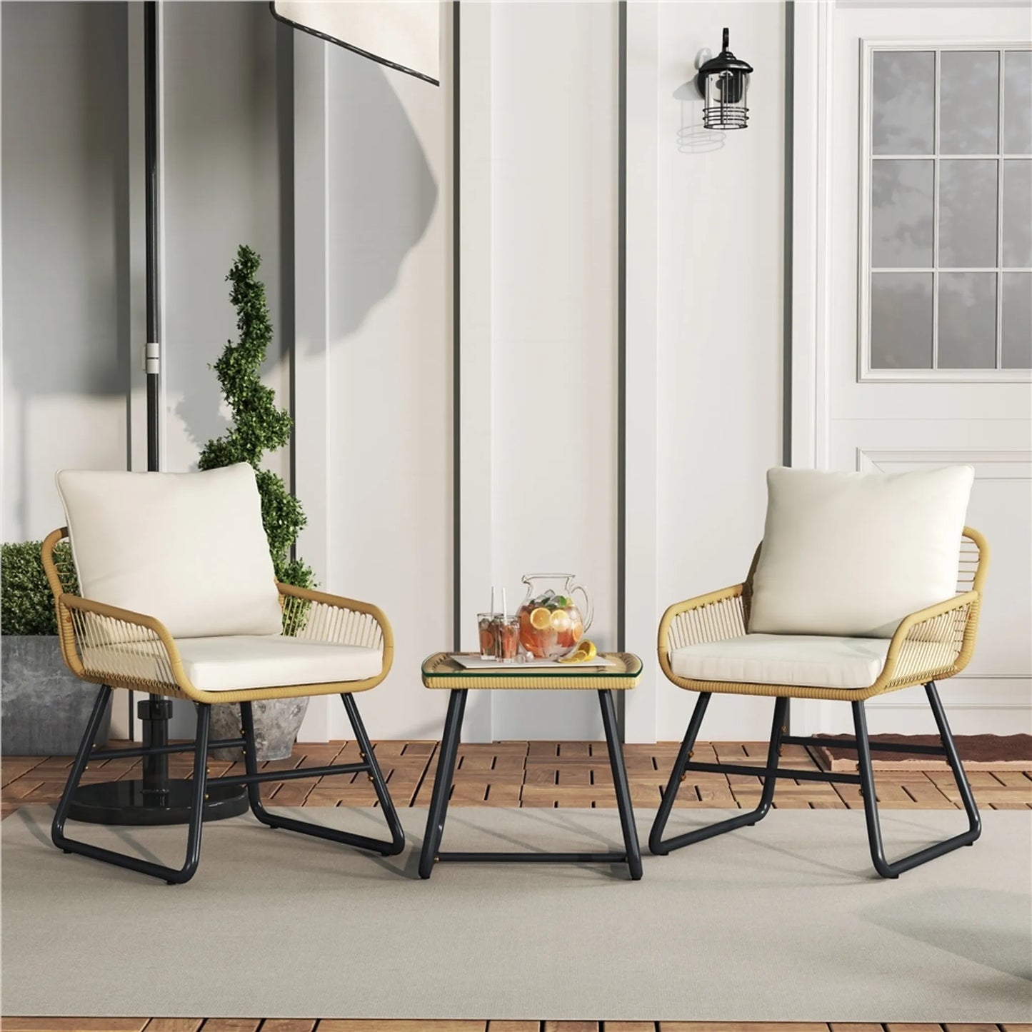 Yaheetech Bistro Garden Set 3-Piece - 61 x 65 x 76 cm - Comprend un plateau de table en verre et un siège et des coussins décoratifs - Pour balcon et terrasse - Light Brown and Metal