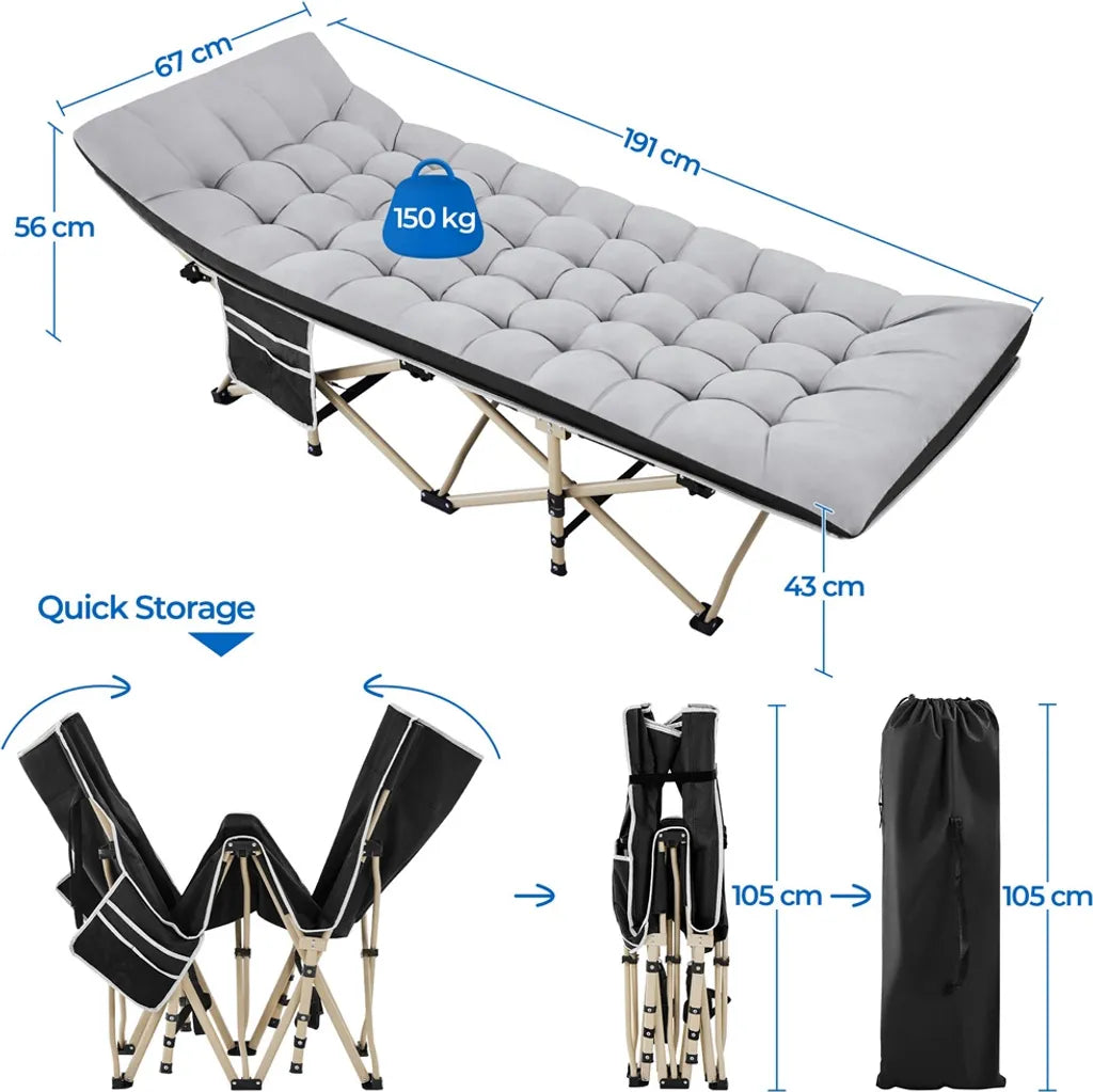Lit de camp Yaheetech avec matelas 191 x 67 x 56 cm - Noir/Gris - Lit de camping pliable avec sac de transport