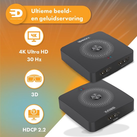 Drivv. Commutateur HDMI - 2 entrées 1 sortie / 1 entrée 2 sortie - bidirectionnel - Supporte 720p/1080p/4K/3D - Noir