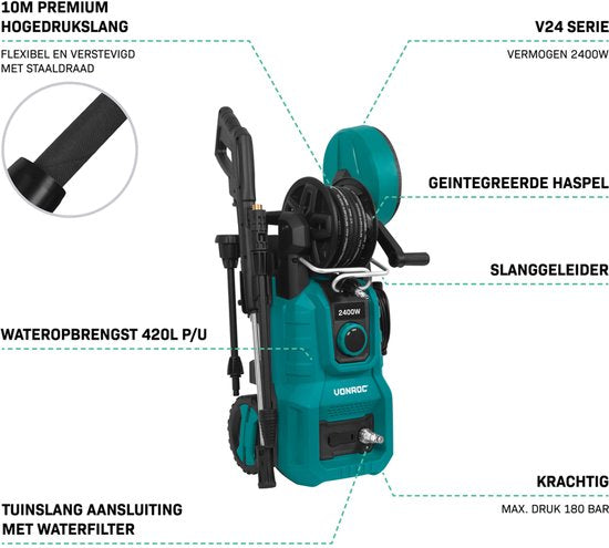 VONROC Nettoyeur haute pression V24-2 - 2400W - 180 bar - Comprend un nettoyeur de terrasse, une buse à mousse et des accessoires