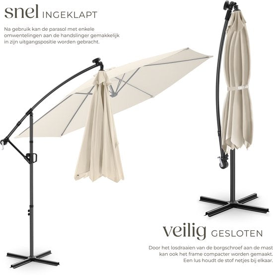 tectake® Parasol suspendu avec pied - 3 x 3 m - Parasol de jardin avec éclairage LED à énergie solaire - Orientable - Polyester hydrofuge avec protection UV - Housse incluse - Beige