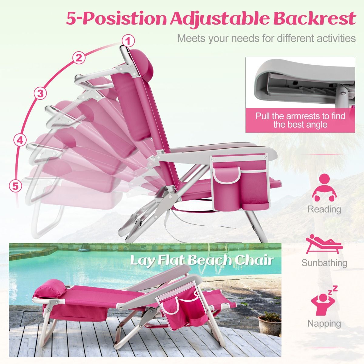 Coast Beach Chair Chaise longue pliable à dossier réglable en 5 positions avec porte-gobelet et compartiments de rangement Rose 66x65x78 cm - 2 pièces