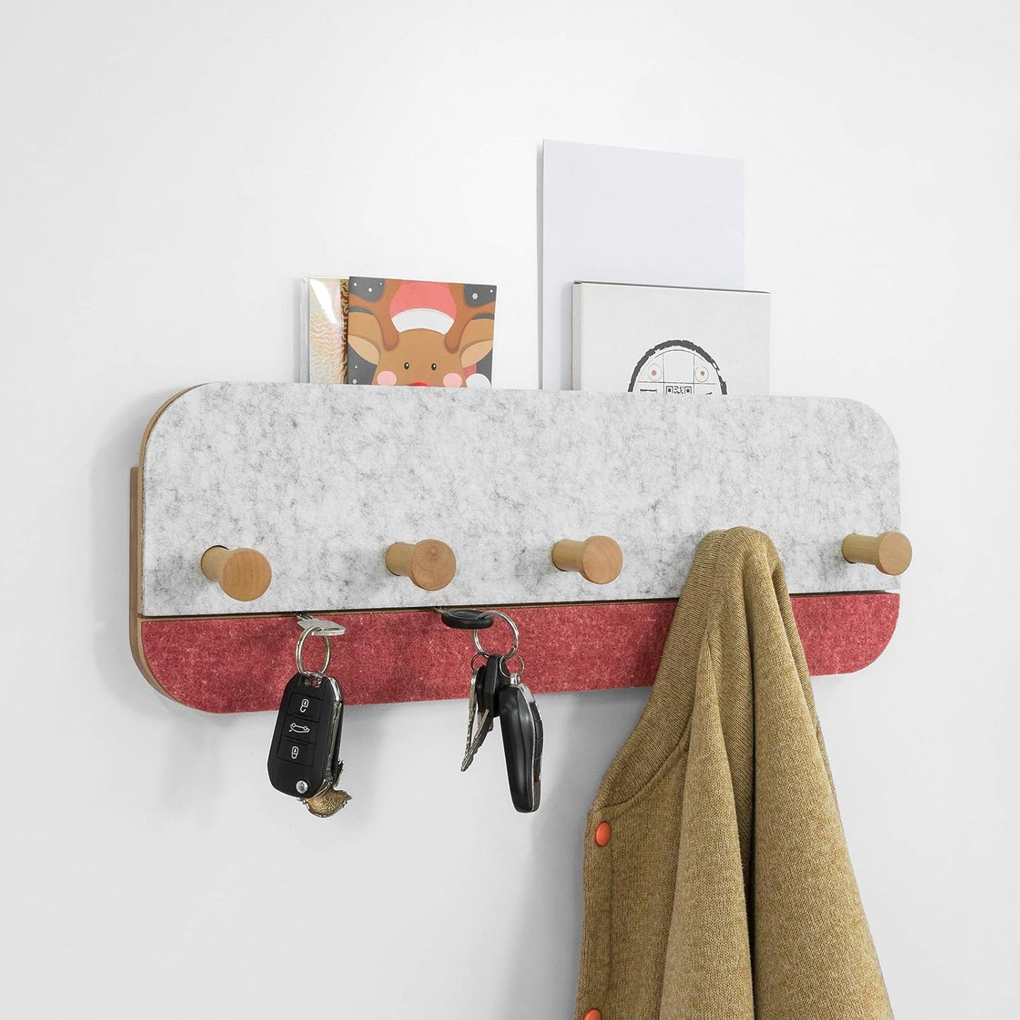 Porte-manteau mural SoBuy FHK16-R – 5 crochets – Bambou et feutre – 55 x 3 x 19 cm – Rouge