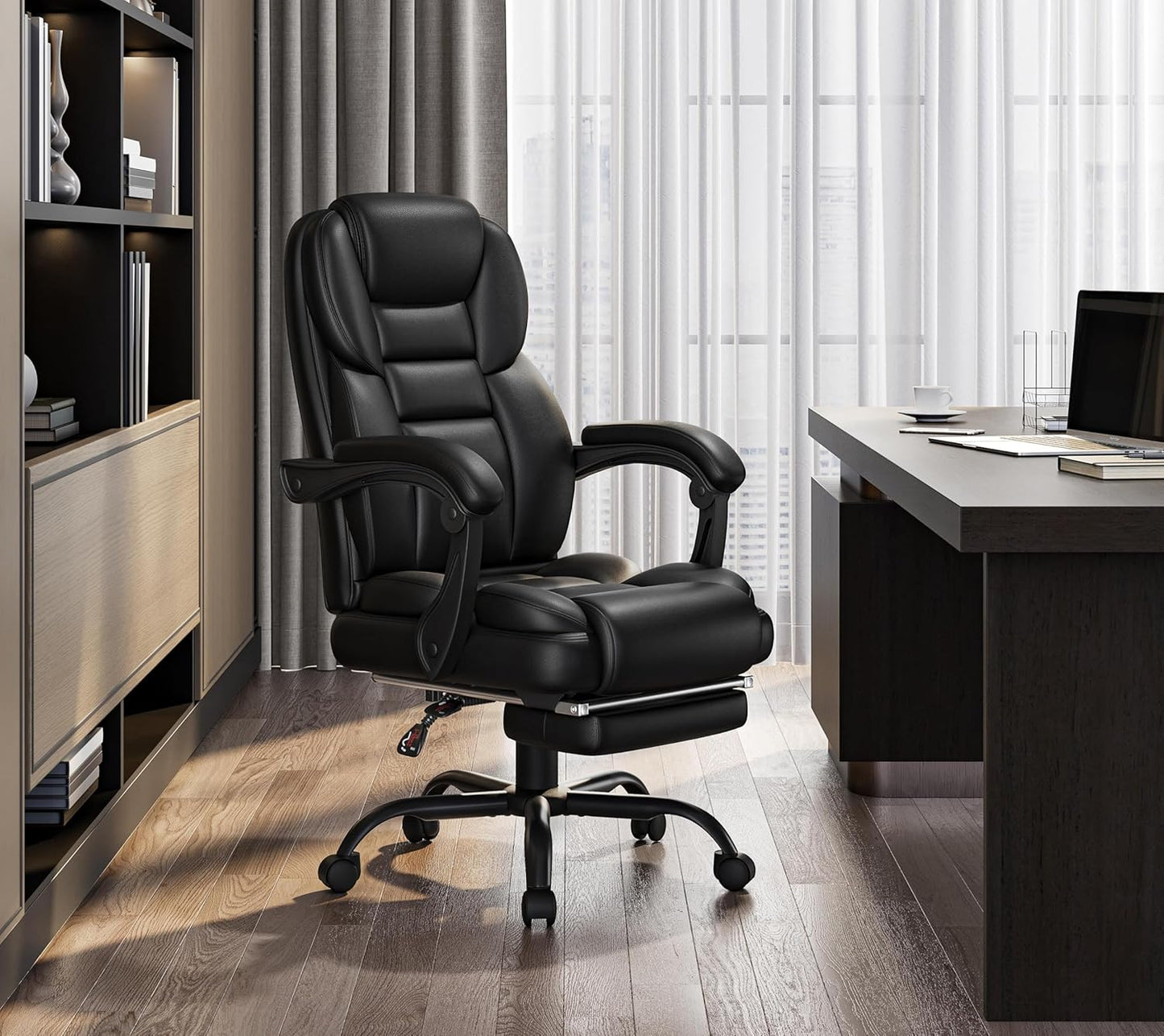 Fauteuil de direction ergonomique Yaheetech - Avec repose-pieds extensible - Dossier haut - Noir