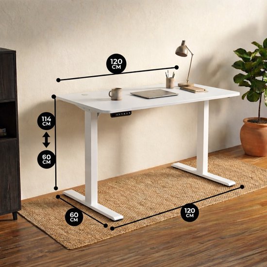 Bayt Bureau assis-debout - Bureau électrique - Bureau réglable en hauteur - 120 x 60 cm - Blanc