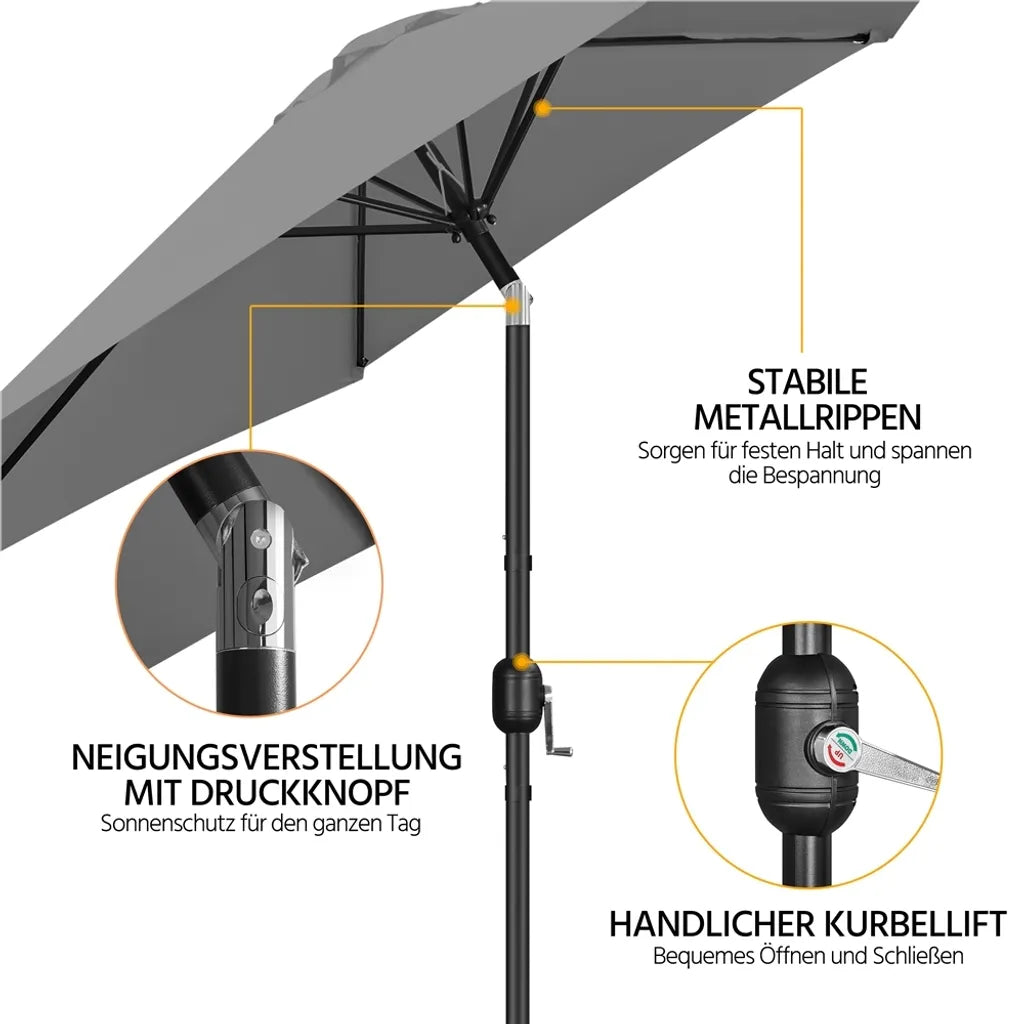 Parasol de jardin Yaheetech avec fonction d'inclinaison et contrepoids - Gris - Ø 269 x 241 cm