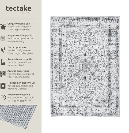 Tapis tectake® au design vintage - Dalia - Tapis à poils courts pour le salon, la chambre d'enfant, la chambre à coucher ou l'entrée - Lavable - Différentes dimensions - 120 x 170 cm - gris