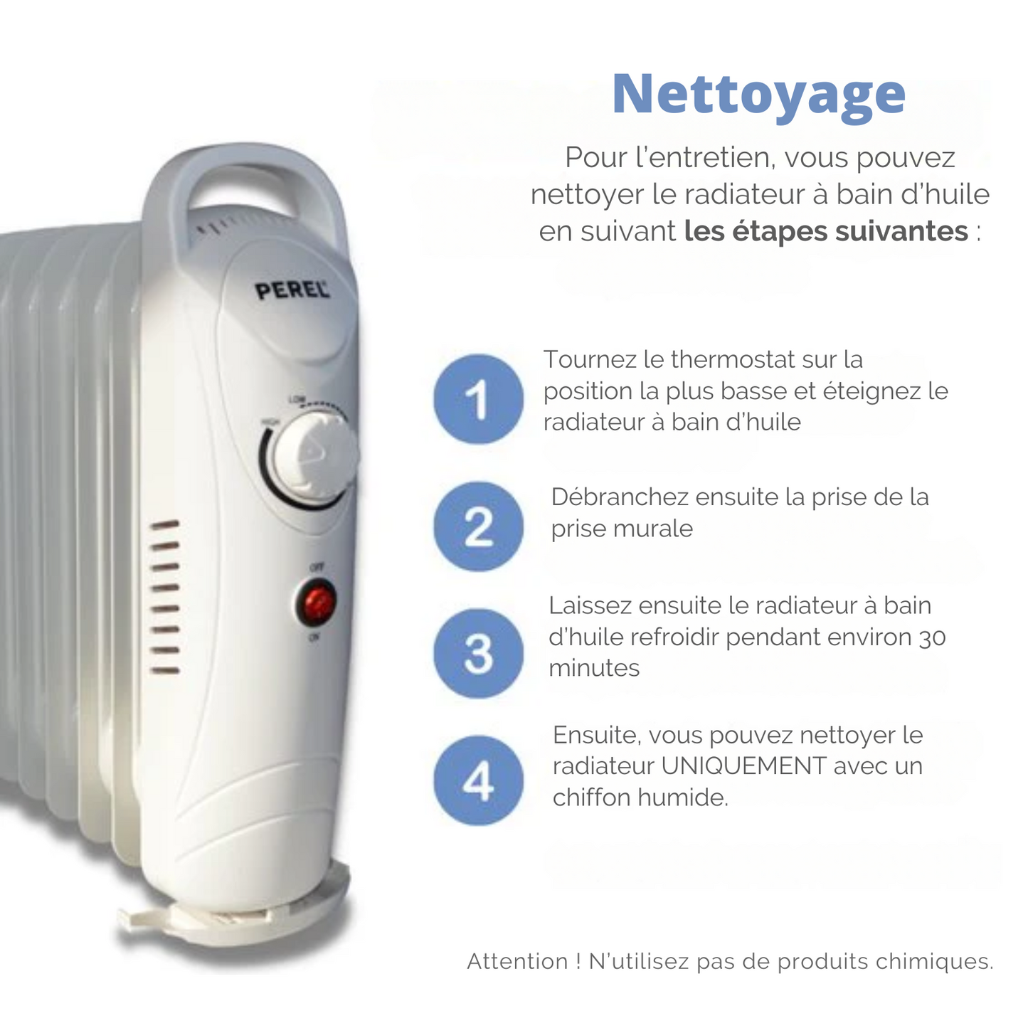 Radiateur à huile - Perel - 700W - 7 Ribs - Avec thermostat