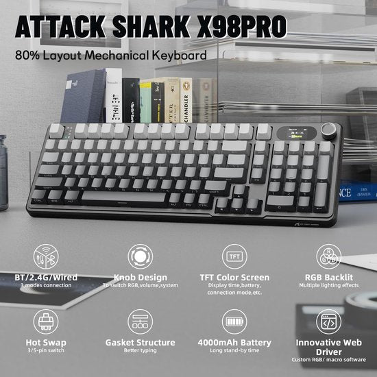 ATTACK SHARK X98PRO - Clavier de jeu mécanique sans fil - Claviers PBT à impression latérale - Écran TFT - Bouton rotatif multifonctions - Filaire/2.4G/Bluetooth Tri-Mode - Gasket Mod - 98 touches - Moonlit Night