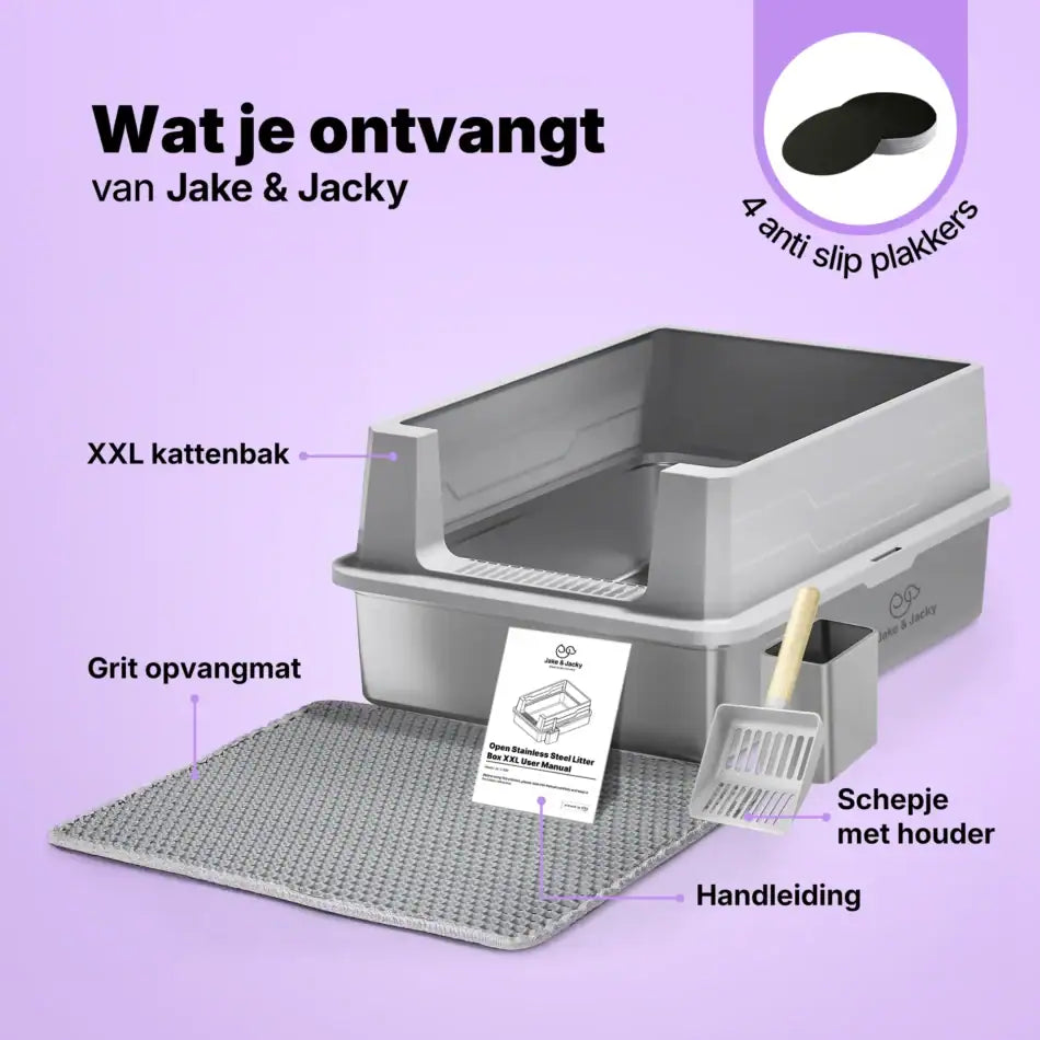 Bac à litière ouvert Jake & Jacky en acier inoxydable XXL - pour grands chats - avec pelle à litière, support et tapis de protection contre les projections