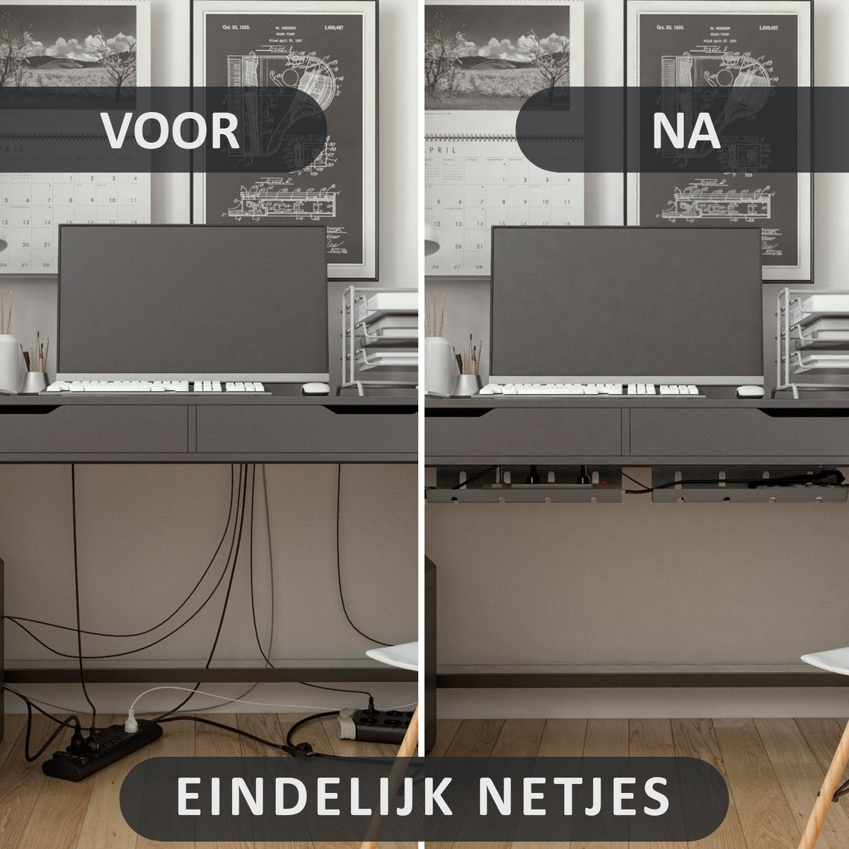 Stilemo Kabelgoot Bureau 2 Delig - Cable Management - Kabelhouder 43 CM - Kabelbox - Kabel Organiser 5 KG Draagkracht - Opberbox Stekkerdoos - Grijs - Incl. Accessoires