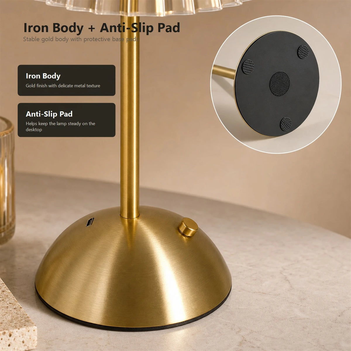 Lampe de table LED sans fil avec commande tactile - 3 couleurs de lumière - Intensité réglable en continu - 1 800 mAh - Rechargeable via USB-C - 8 à 10 heures - Or