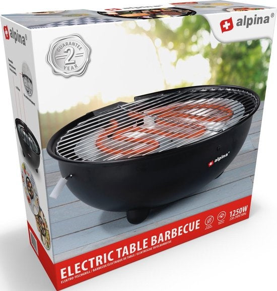 Barbecue Électrique - Alpina - Barbecue de Table - Sans Fumée - Barbecue Intérieur - 1250W - Ø 30 cm - Noir