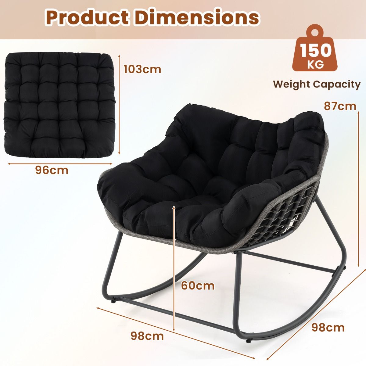 Fauteuil à bascule Coast - très grand format - coussin épais amovible - noir