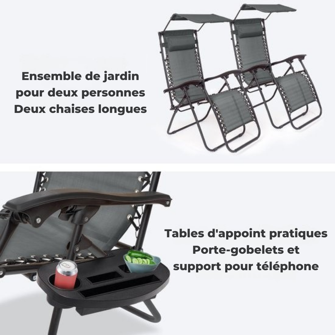 LifeGoods Chaises de jardin pliables - parasol réglable - 2 pièces - max 150kg - Gris foncé