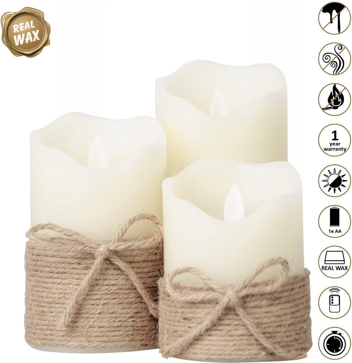 O'DADDY® LED Candles With Moving Flame - Set 3 sizes 10+12.5+15cm 8d - With Timer and Dimmer Function - LED Candles With Remote Control - Rope (Bougies LED avec télécommande)