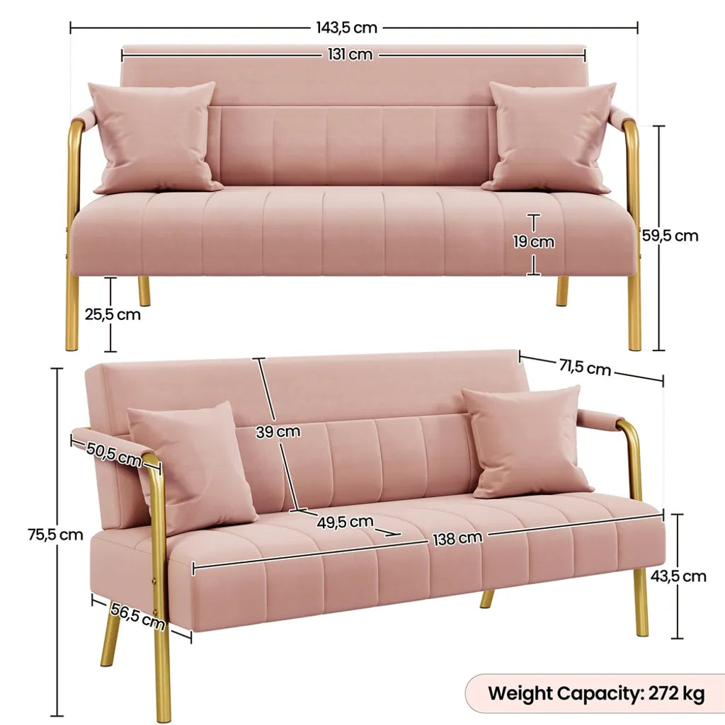 Canapé 2 places Yaheetech avec accoudoirs et 2 coussins lombaires - Rose - 143,5 x 71,5 x 75,5 cm
