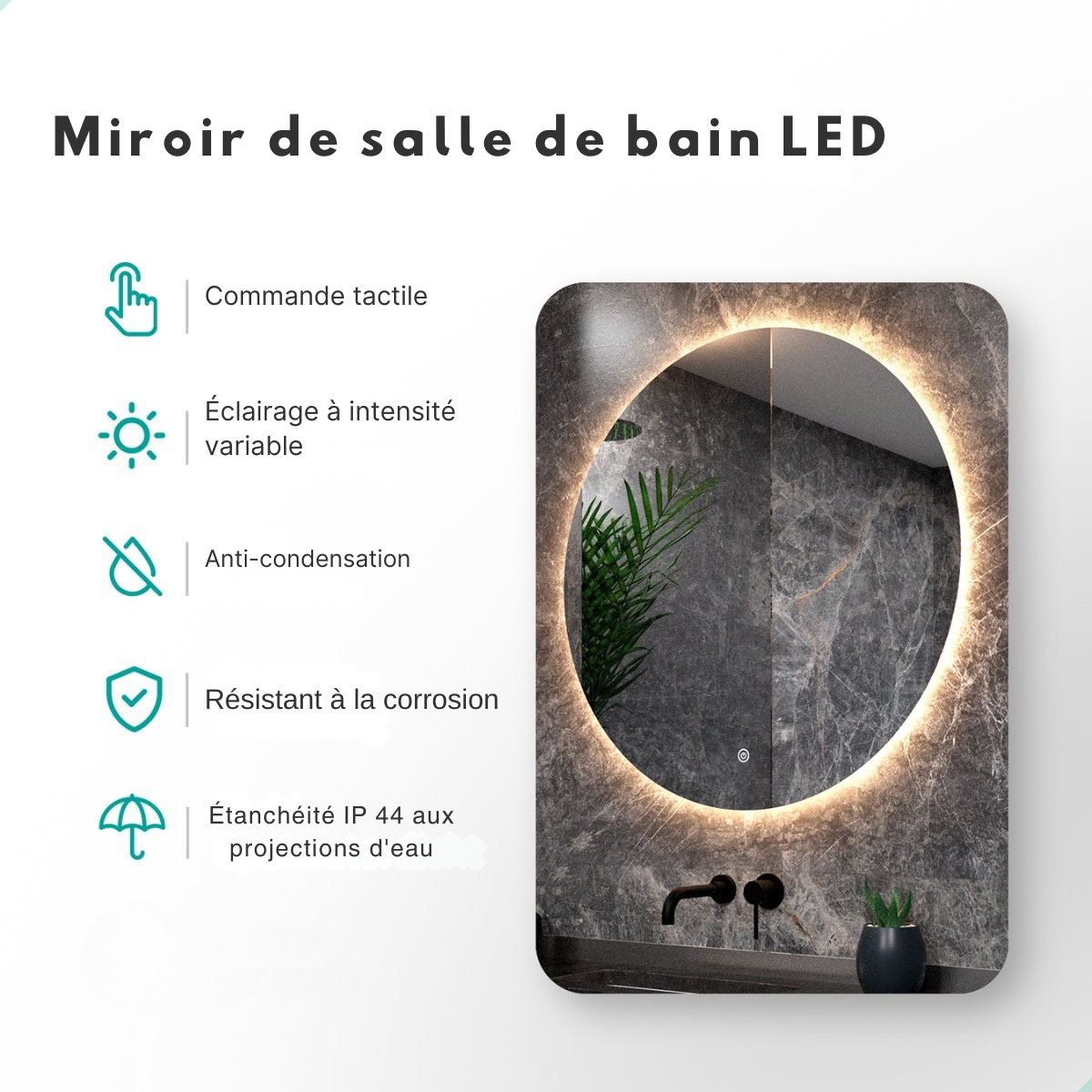 Miroir de salle de bain Mirlux - avec éclairage LED et chauffage - Miroir mural rond - Miroir de douche anti-condensation - 100CM