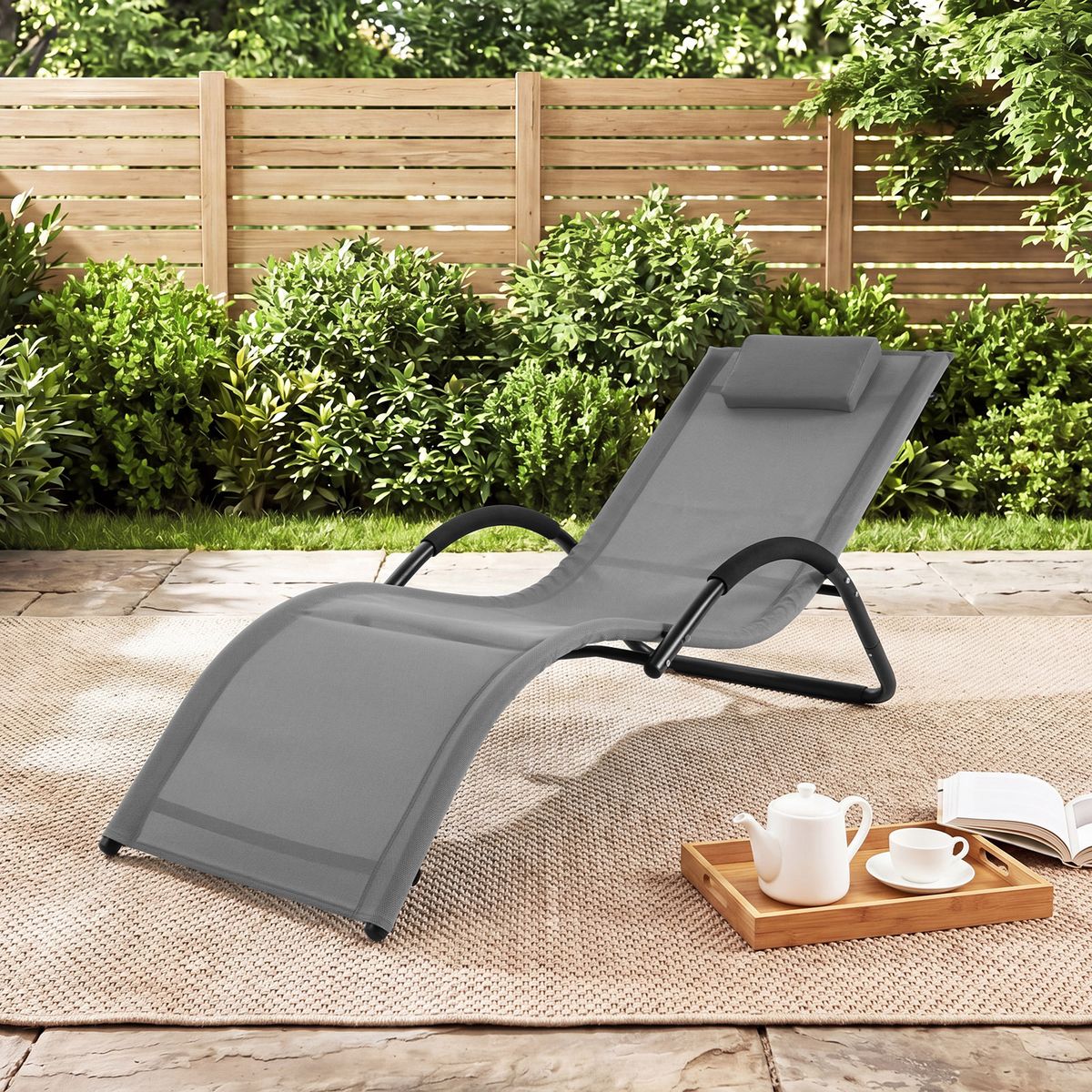 Chaise longue de jardin Coast - conception ergonomique - appui-tête amovible - gris - 1 pièce