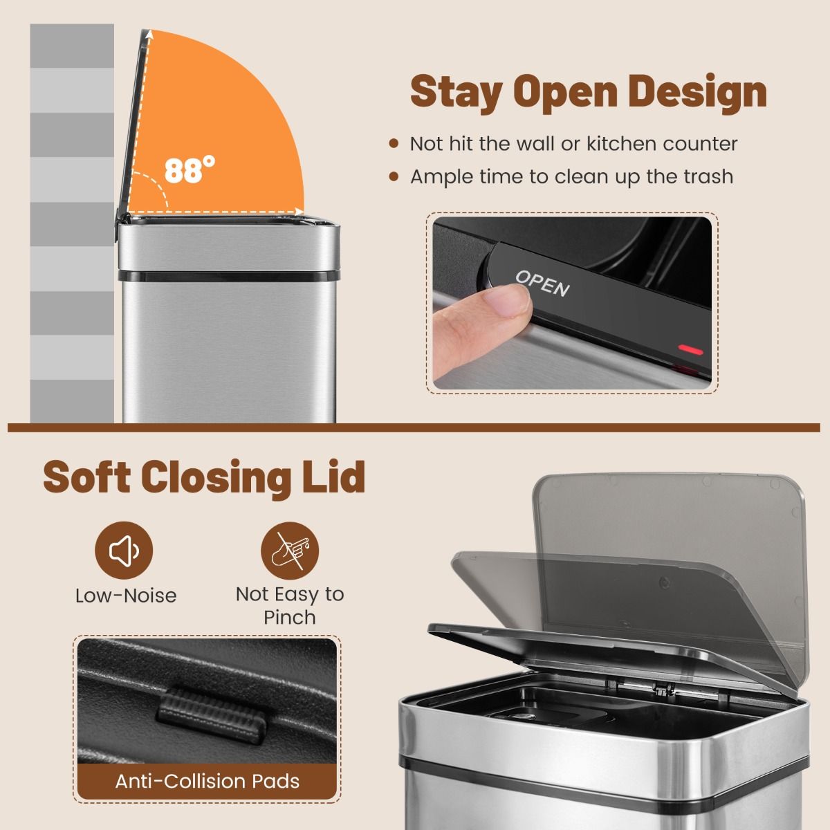 Coast 72 L Garbage Bin with Sensor - 4 Bins, Silver, 42 x 32-58 x 84-110 cm, Electric Garbage Bin with Soft Closure for Kitchen and Office