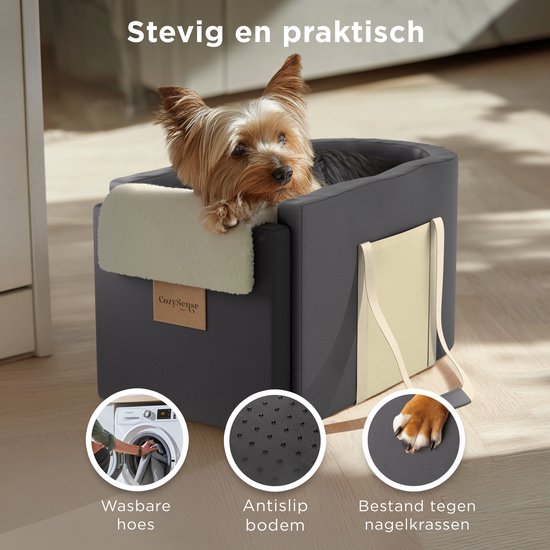 CozySense® Siège auto pour chien - Panier auto pour chien avec housse lavable - Pour petit chien - S'adapte à la console centrale - Sert également de sac de transport - Noir/Beige