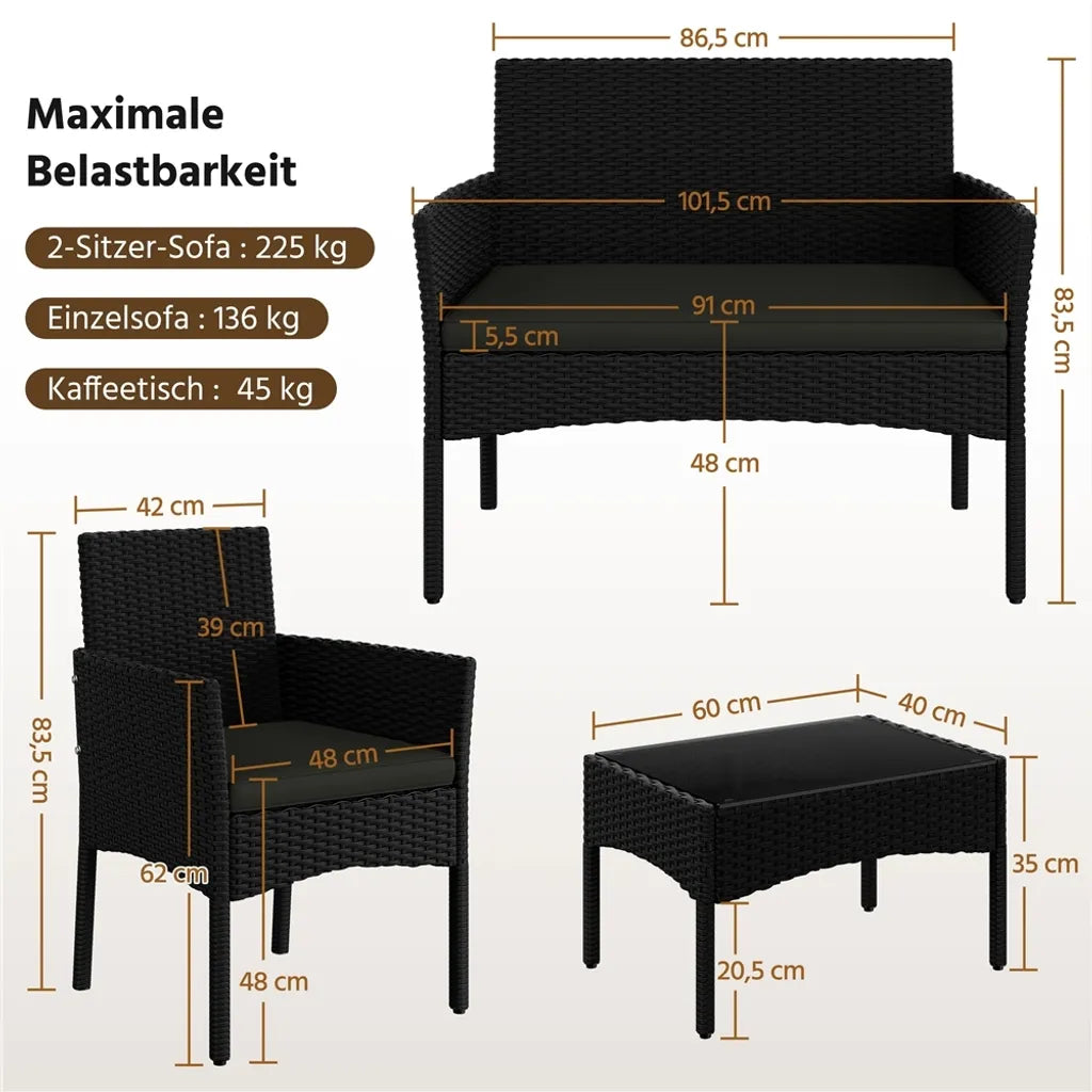 Ensemble de salon de jardin Yaheetech 4 pièces - Noir/Gris - Ensemble de mobilier de jardin en polyrotin comprenant un canapé 2 places, 2 chaises et une table basse