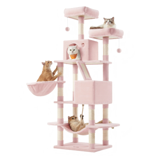 Joyfurnos L Arbre à chat 168 cm - Rose pastel - À plusieurs niveaux avec 13 poteaux à griffer et un hamac