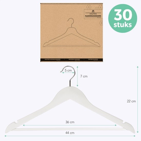 LifeGoods Cintres - avec barre de pantalon - bois dur - blanc - 30 pièces
