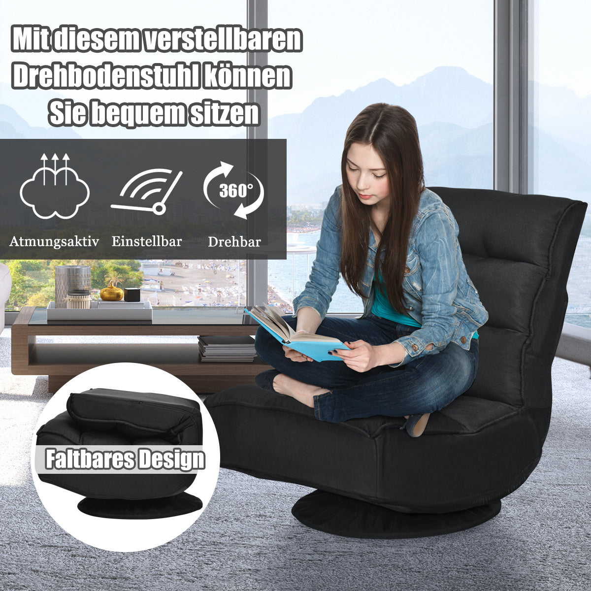 Coast Relax Armchair Floor Chair - Pivotant, pliable, Max. 150 KG - 59 x 75 x 83 cm - tissu/fer - noir