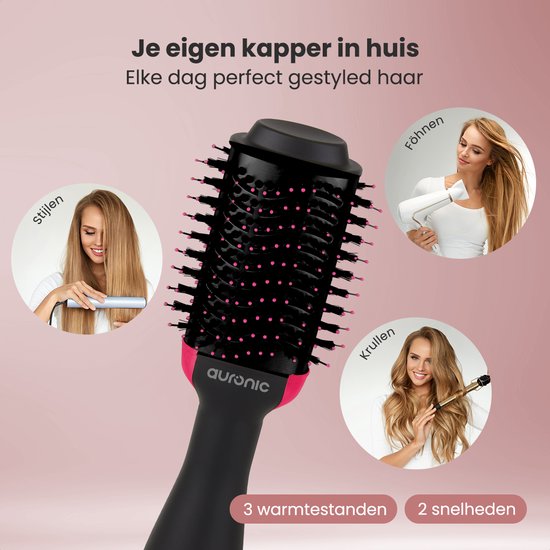 Auronic 3-in-1 Brosse sèche-cheveux pour plus de volume, de style et de boucles - Airstyler - Brosse à boucler - Brosse magique en céramique - 1000W - Ø 45 mm - Noir/Rose