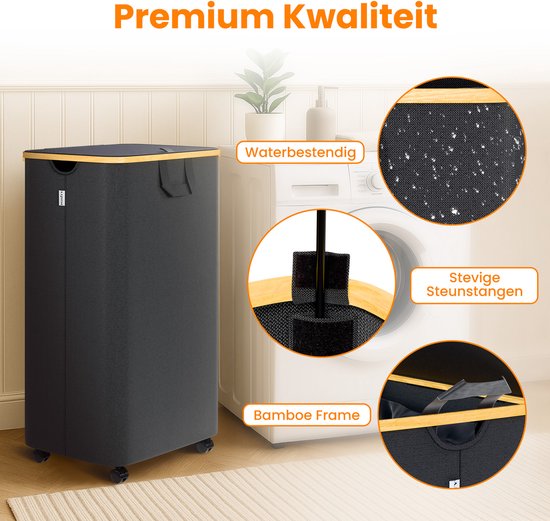 Posity Panier à linge sur roues - 100 litres - pliable - Panier à linge en tissu - Panier à linge - Avec couvercle et poignées - Bambou - Sac à linge inclus - Noir