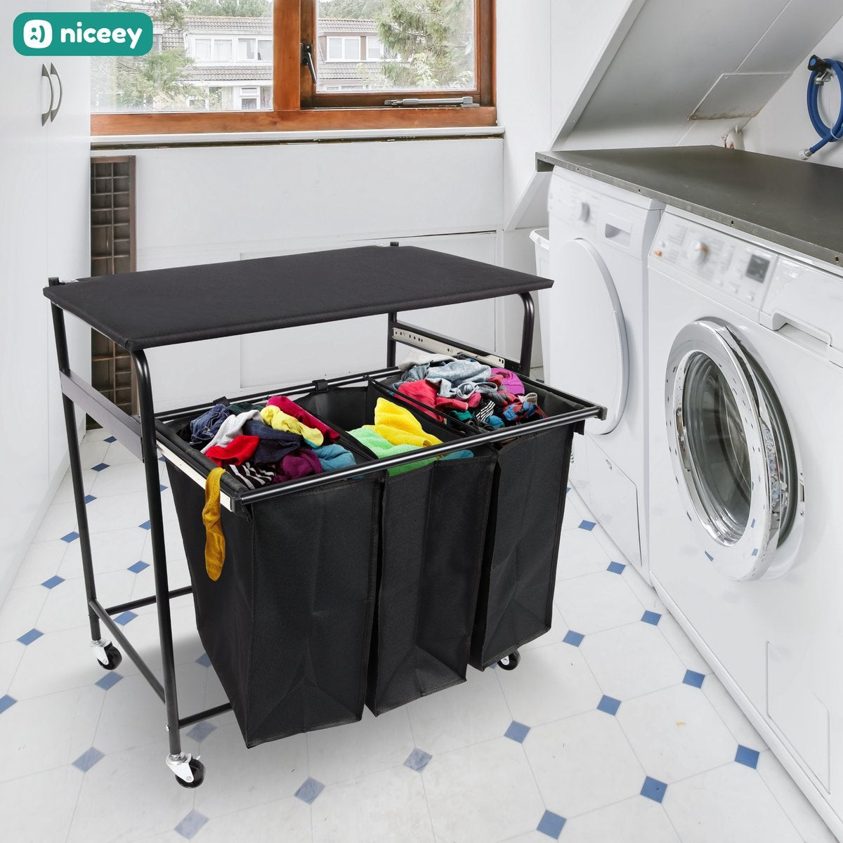 Niceey Panier à linge sur roulettes - 3 compartiments extensibles - Noir