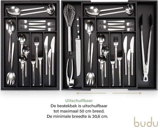 Budu Range-couverts extensible en bambou #47 (47 cm de profondeur) - Noir - Cassette à couverts en bois - Tiroir à couverts - 47 x 30.6 - 50 cm - 6/8 compartiments
